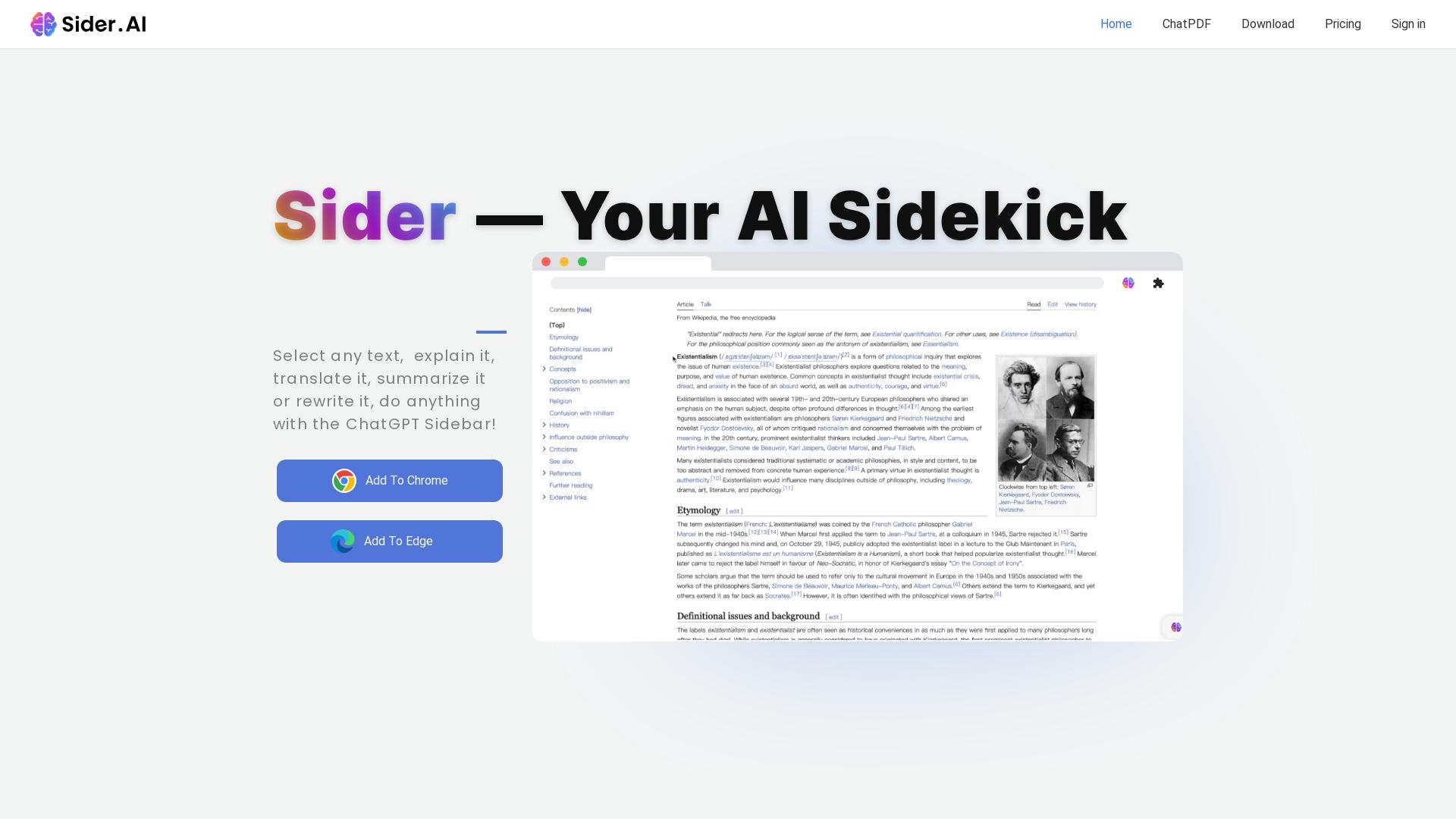 Sider-一个提供ChatGPT侧边栏、GPT-4、绘图和Web访问的网站